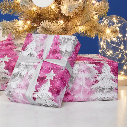 Girly Pink Silver Glam Kerstbomen Strepen Cadeaupapier (Feestdagen)
