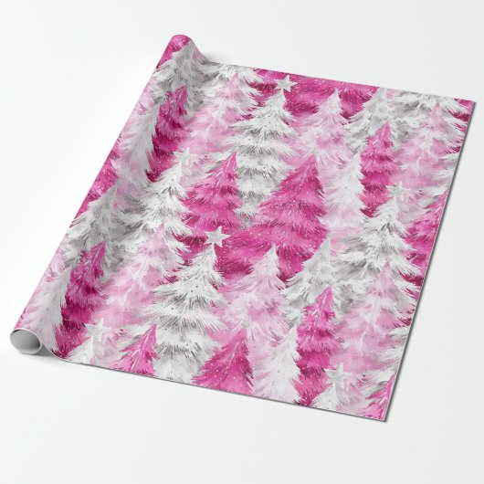 Girly Pink Silver Glam Kerstbomen Strepen Cadeaupapier (Uitgerold)