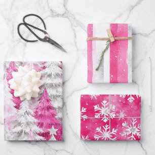 Girly Pink Silver Glam Kerstbomen Strepen Inpakpapier Vel