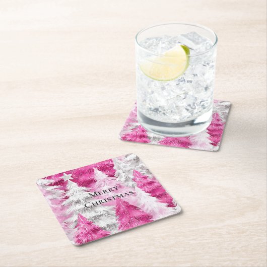 Girly Pink Silver Glam Kerstbomen Strepen Kartonnen Onderzetters (Insitu)