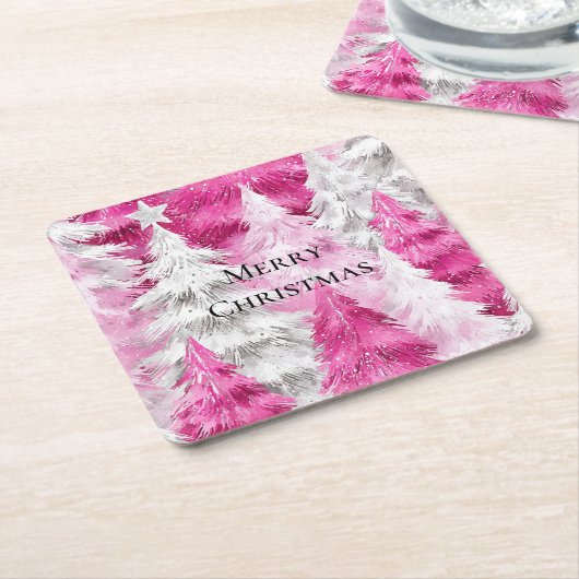 Girly Pink Silver Glam Kerstbomen Strepen Kartonnen Onderzetters (Schuin)