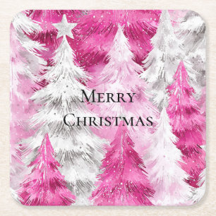 Girly Pink Silver Glam Kerstbomen Strepen Kartonnen Onderzetters