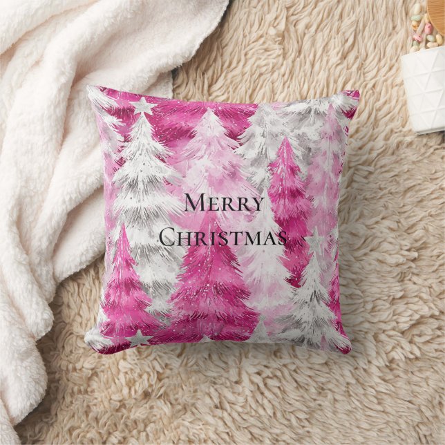 Girly Pink Silver Glam Kerstbomen Strepen Kussen (Deken)