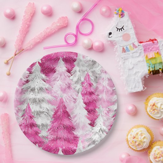 Girly Pink Silver Glam Kerstbomen Strepen Papieren Bordje (Feest)