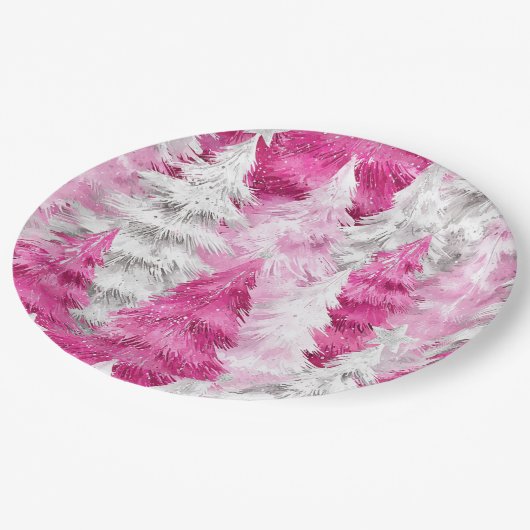 Girly Pink Silver Glam Kerstbomen Strepen Papieren Bordje (Gekanteld)