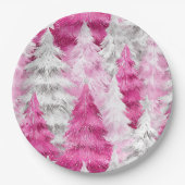 Girly Pink Silver Glam Kerstbomen Strepen Papieren Bordje (Voorkant)