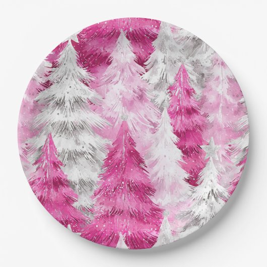 Girly Pink Silver Glam Kerstbomen Strepen Papieren Bordje (Voorkant)