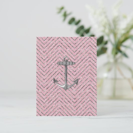 Girly Pink Silver Glitter Chevron Pattern Anchor Briefkaart (Staand voorkant)