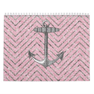 Girly Pink Silver Glitter Chevron Pattern Anchor Kalender