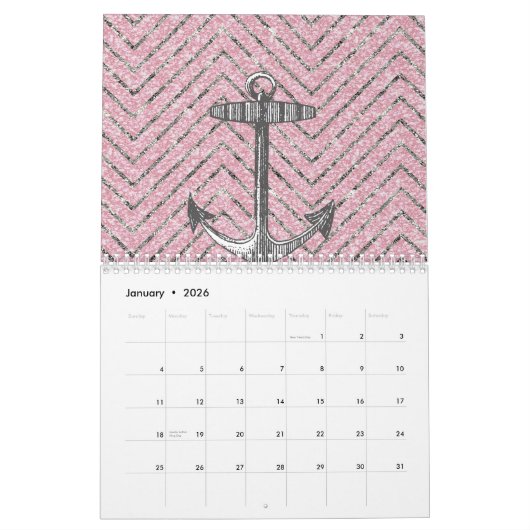 Girly Pink Silver Glitter Chevron Pattern Anchor Kalender (Jan 2026)