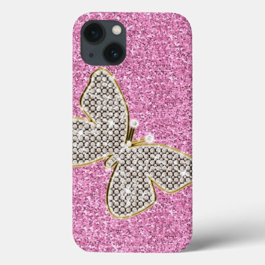 Girly Pink Silver Glitter Diamonds Butterfly Case-Mate iPhone Case (Achterkant)