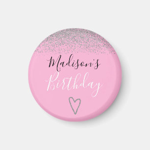 Girly Pink Silver Glitter Sparkles Heart Birthday Magneet