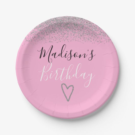 Girly Pink Silver Glitter Sparkles Heart Birthday Papieren Bordje (Voorkant)