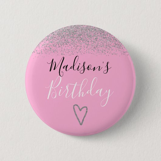 Girly Pink Silver Glitter Sparkles Heart Birthday Ronde Button 5,7 Cm (Voorkant)