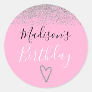 Girly Pink Silver Glitter Sparkles Heart Birthday Ronde Sticker