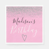 Girly Pink Silver Glitter Sparkles Heart Birthday Servet (Voorkant)