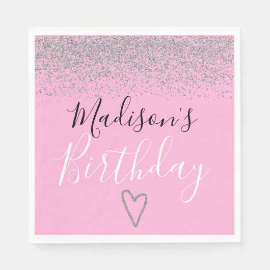 Girly Pink Silver Glitter Sparkles Heart Birthday Servet (Voorkant)