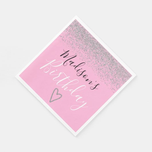 Girly Pink Silver Glitter Sparkles Heart Birthday Servet (Hoek)