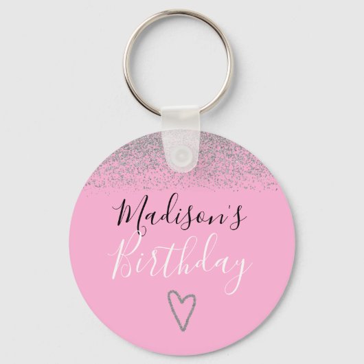 Girly Pink Silver Glitter Sparkles Heart Birthday Sleutelhanger (Voorkant)