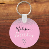Girly Pink Silver Glitter Sparkles Heart Birthday Sleutelhanger (Voorkant)