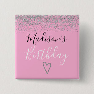 Girly Pink Silver Glitter Sparkles Heart Birthday Vierkante Button 5,1 Cm