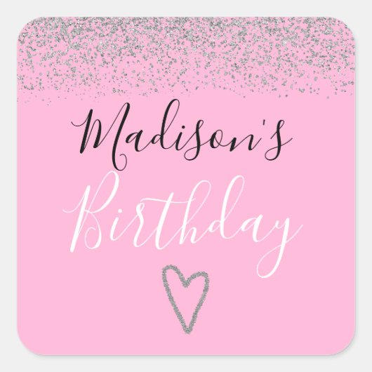 Girly Pink Silver Glitter Sparkles Heart Birthday Vierkante Sticker (Voorkant)