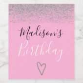 Girly Pink Silver Glitter Sparkles Heart Birthday Wijn Etiket (Enkel label)