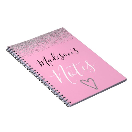 Girly Pink & Silver Glitter Sparkles Heart Notes Notitieboek (Rechterzijde)