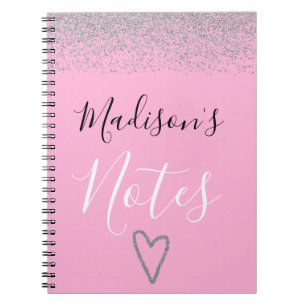 Girly Pink & Silver Glitter Sparkles Heart Notes Notitieboek