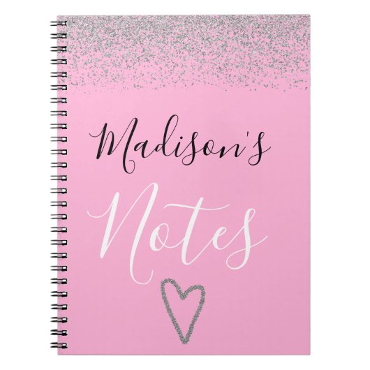 Girly Pink & Silver Glitter Sparkles Heart Notes Notitieboek (Voorkant)