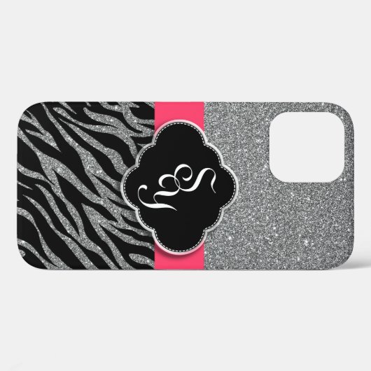 Girly Pink Silver Glitter Zebra Pattern Initialen Case-Mate iPhone Case (Achterkant (horizontaal))