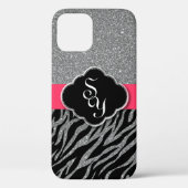 Girly Pink Silver Glitter Zebra Pattern Initialen Case-Mate iPhone Case (Achterkant)