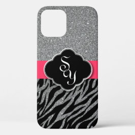 Girly Pink Silver Glitter Zebra Pattern Initialen Case-Mate iPhone Case