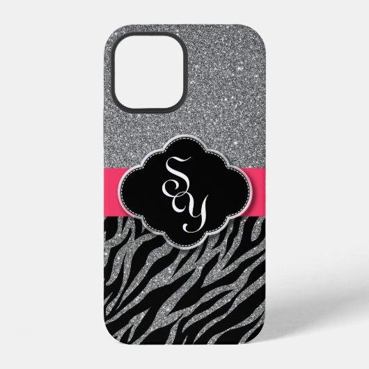 Girly Pink Silver Glitter Zebra Pattern Initialen iPhone Hoesje (Achterkant)