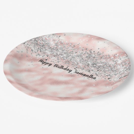 Girly Pink Silver Glitzy Glitter Sparkle Confetti Papieren Bordje (Gekanteld)