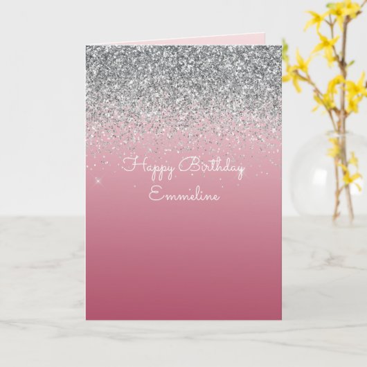 Girly Pink Silver Sparkle Glitter Kaart (Gele Bloem)