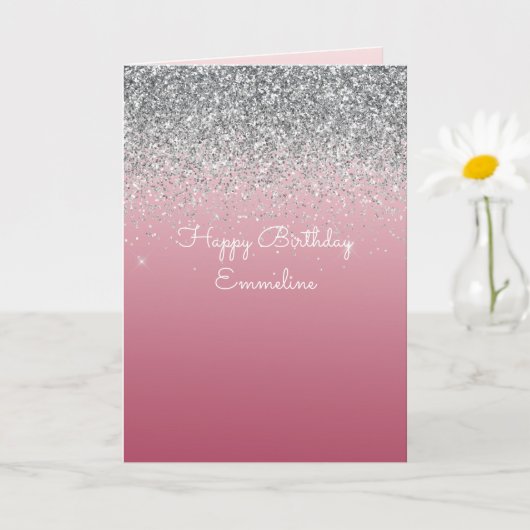 Girly Pink Silver Sparkle Glitter Kaart (Kleine Plant)