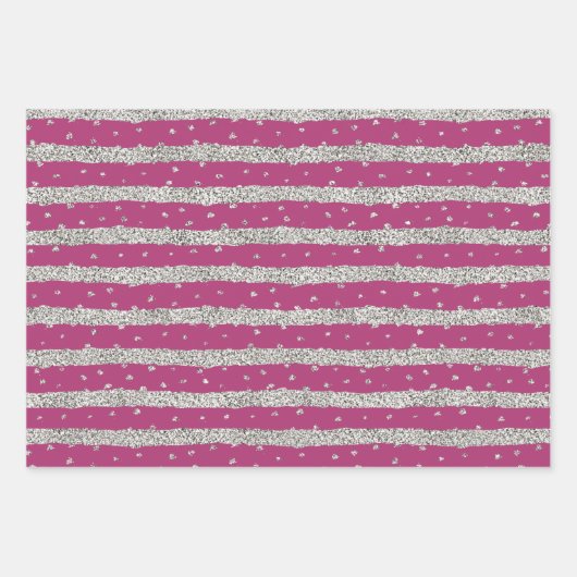 Girly Pink Silver Sparkly Confetti Stripes Inpakpapier Vel (Voorkant 3)