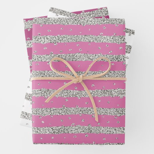 Girly Pink Silver Sparkly Confetti Stripes Inpakpapier Vel (In situ)