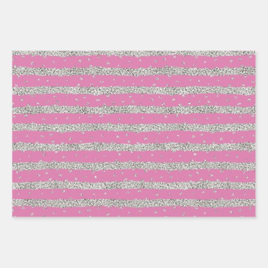 Girly Pink Silver Sparkly Confetti Stripes Inpakpapier Vel (Voorkant)