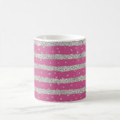 Girly Pink Silver Sparkly Confetti Stripes Koffiemok (Center)