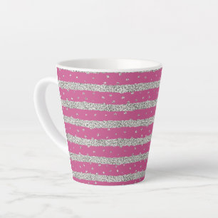 Girly Pink Silver Sparkly Confetti Stripes Latte Mok