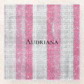 Girly Pink Silver Stripes Sparkle Christmas Glazen Onderzetter (Voorkant)