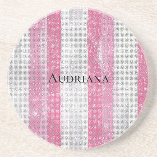 Girly Pink Silver Stripes Sparkle Christmas Zandsteen Onderzetter (Voorkant)