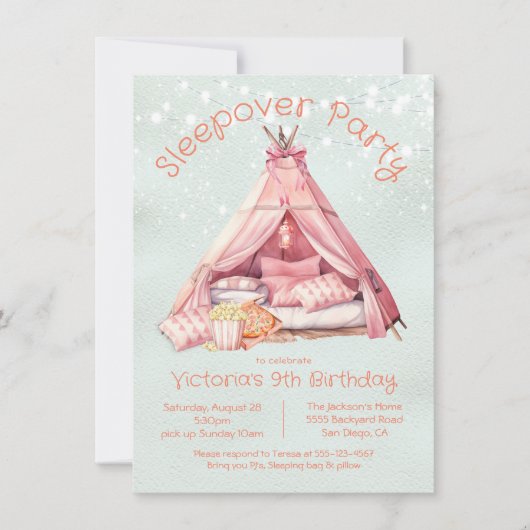 Girly Pink Sleepover Glamping Tent Verjaardag Kaart (Voorkant)