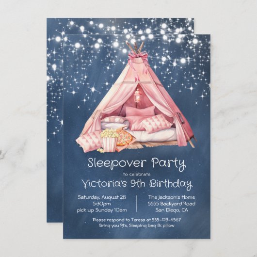 Girly Pink Sleepover Glamping Tent Verjaardag Kaart (Voorkant / Achterkant)