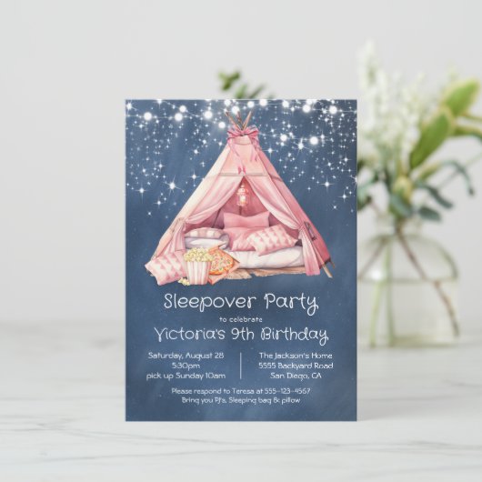 Girly Pink Sleepover Glamping Tent Verjaardag Kaart (Staand voorkant)