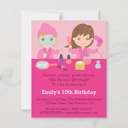 Girly Pink Spa Birthday Party Uitnodiging (Voorkant)