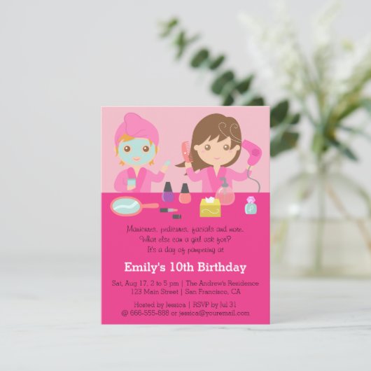 Girly Pink Spa Birthday Party Uitnodiging (Staand voorkant)