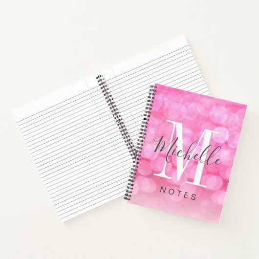 Girly Pink Sparkle Bokeh Monogram Naam Notitieboek (Binnen)